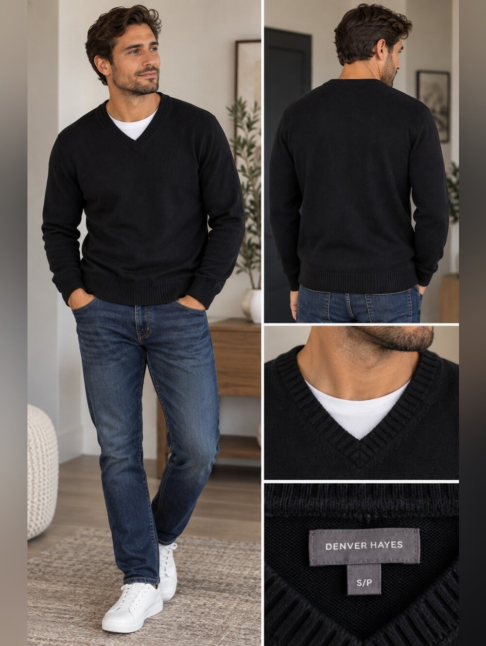 Denver Hayes Men's Small Black V-Neck Knit Sweater Cotton Blend